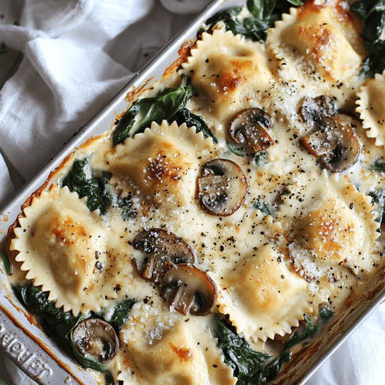 Cheesy Mushroom Ravioli Casserole with Spinach Recipe