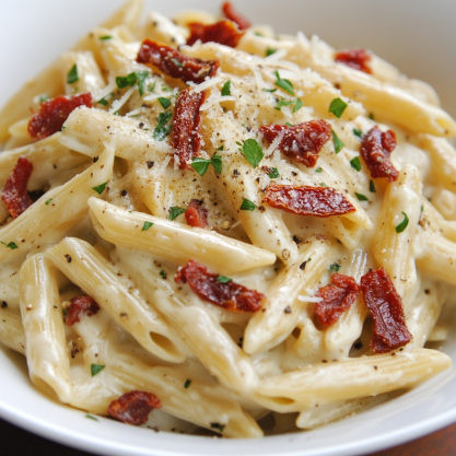 Creamy Penne Alfredo with Bacon and Sun Dried Tomato