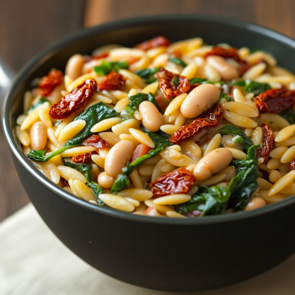 One Pot White Bean Spinach Sun Dried Tomato Orzo