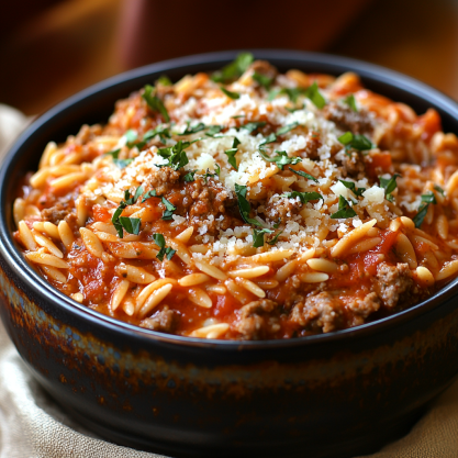 Ground Beef Orzo with Tomato Cream Sauce Recipe