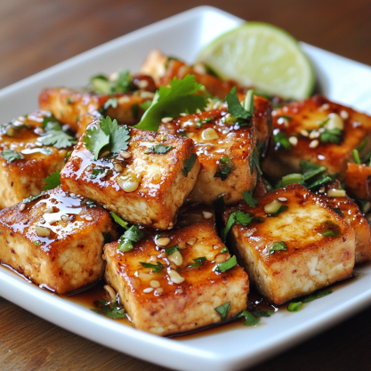 Pan Fried Garlic Tofu with Sticky Soy Lime Sauce Recipe