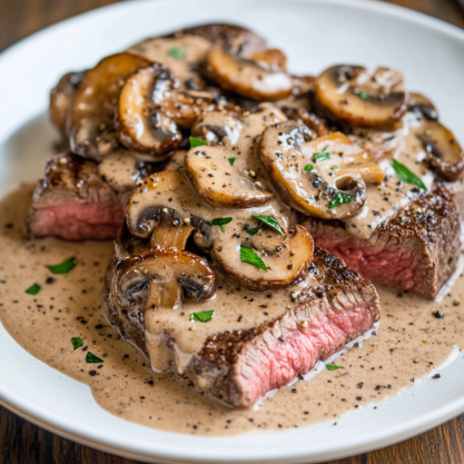 Steak with Creamy Mushroom Peppercorn Sauce Recipe